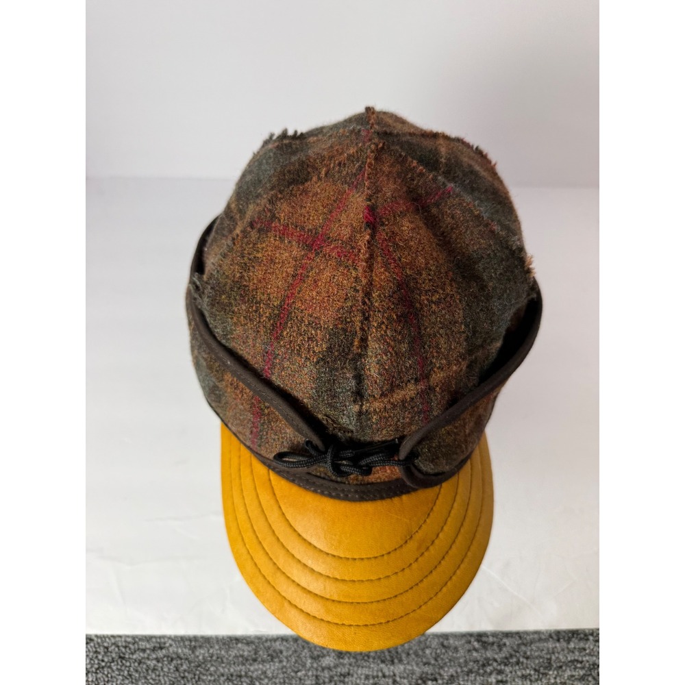 Stormy Kromer The Original Cap Brown Plaid Wool Yellow Leather Brim Hat 7 3/8